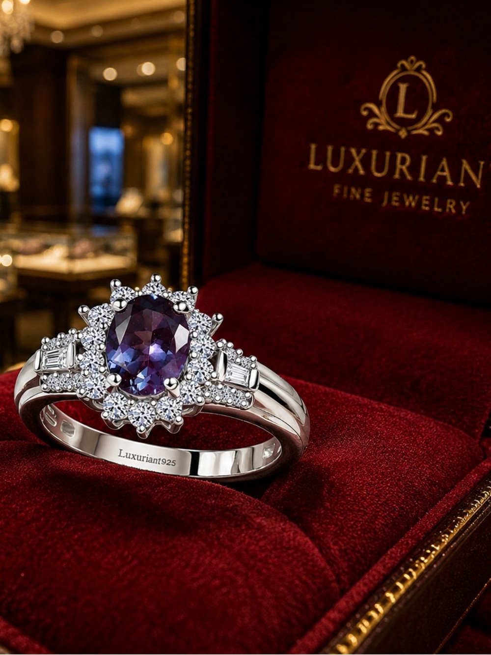 Luxuriant AAA Lab Grown Alexandrite Midnight Whisper Ring in Rhodium Over Silver